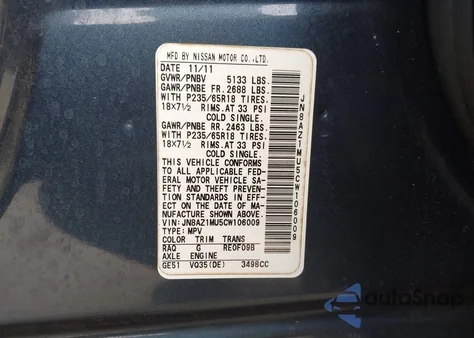 2012 Nissan Murano S z USA, uszkodzony, nr VIN JN8AZ1MU5CW106009